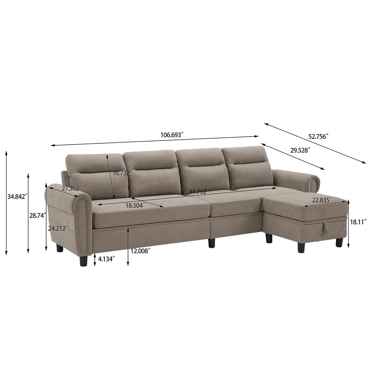 106" Convertible Sectional Sofa, L Shaped Couch with Storage Chaise and Side Pocket