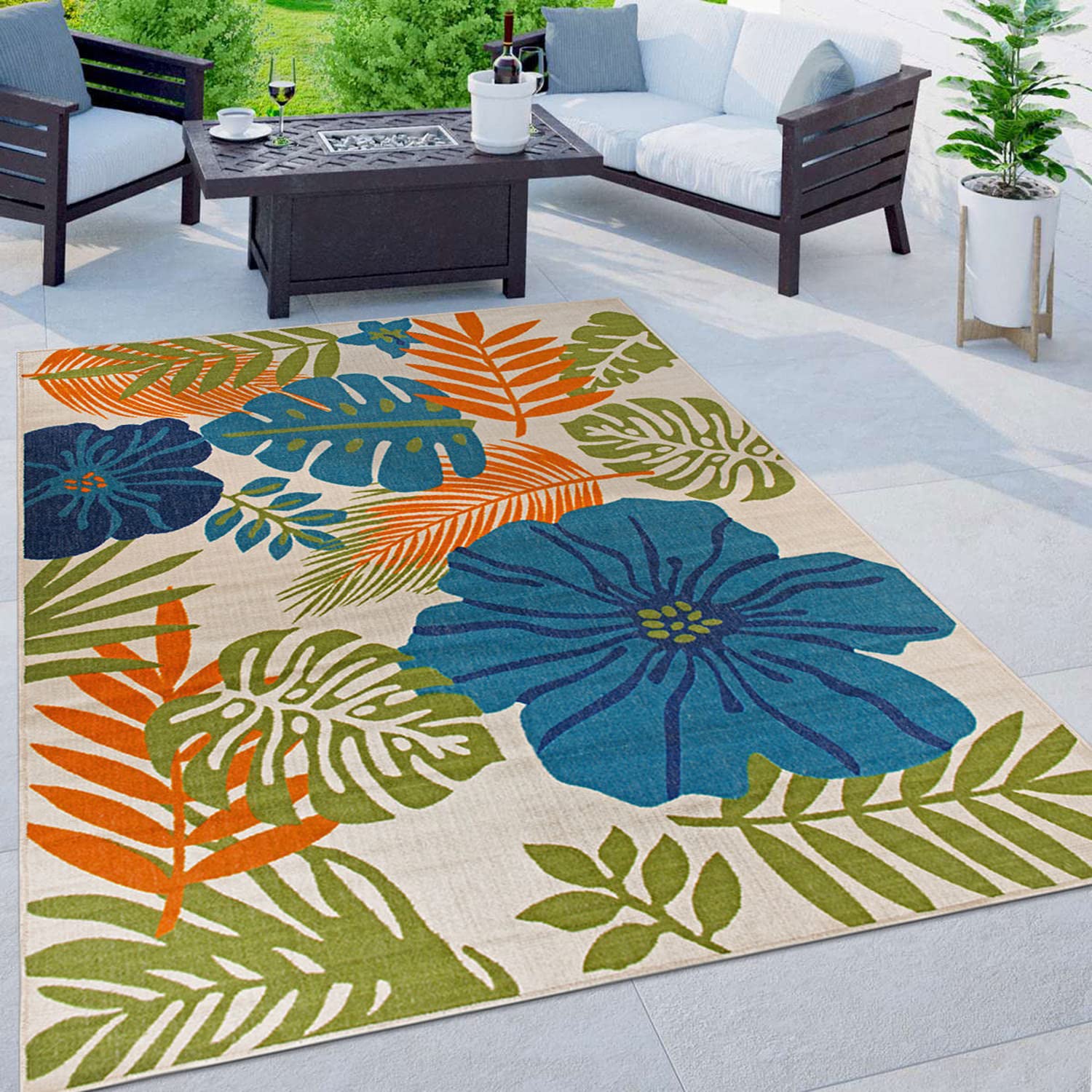 Pianosa Tropical Floral Leaves Non-Shedding Outdoor Rugs for Deck,Patio,