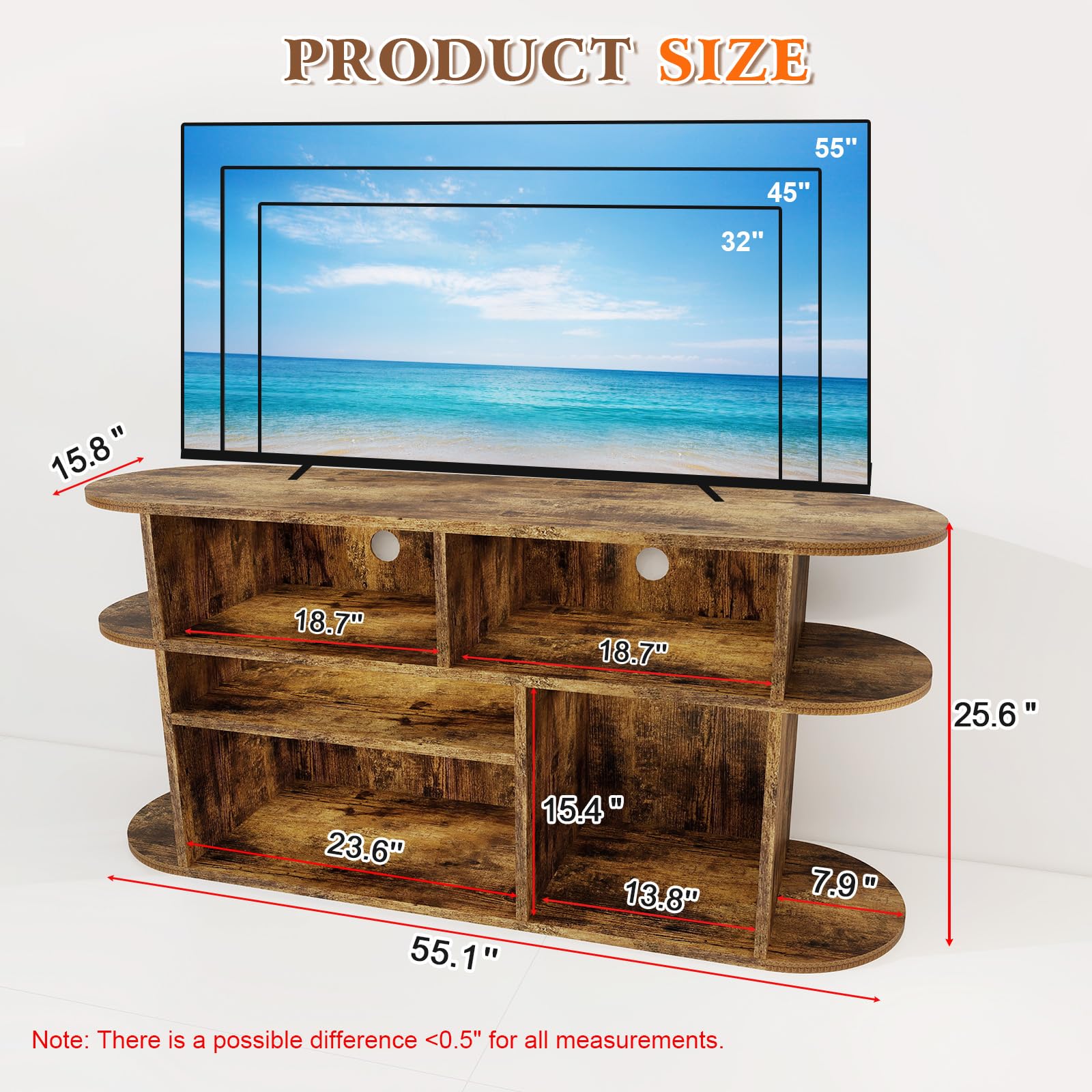 Solid Wood TV Stand with Storage and Adjustable Shelves