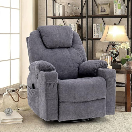 360 Degree Swivel Glider Rocker Recliner Chair with Massage and Heat, 2 USB Ports, 2 Front Pockets, 2 Side Pockets and 2 Cup Holders, Bronze Suede Fabric (Brown)