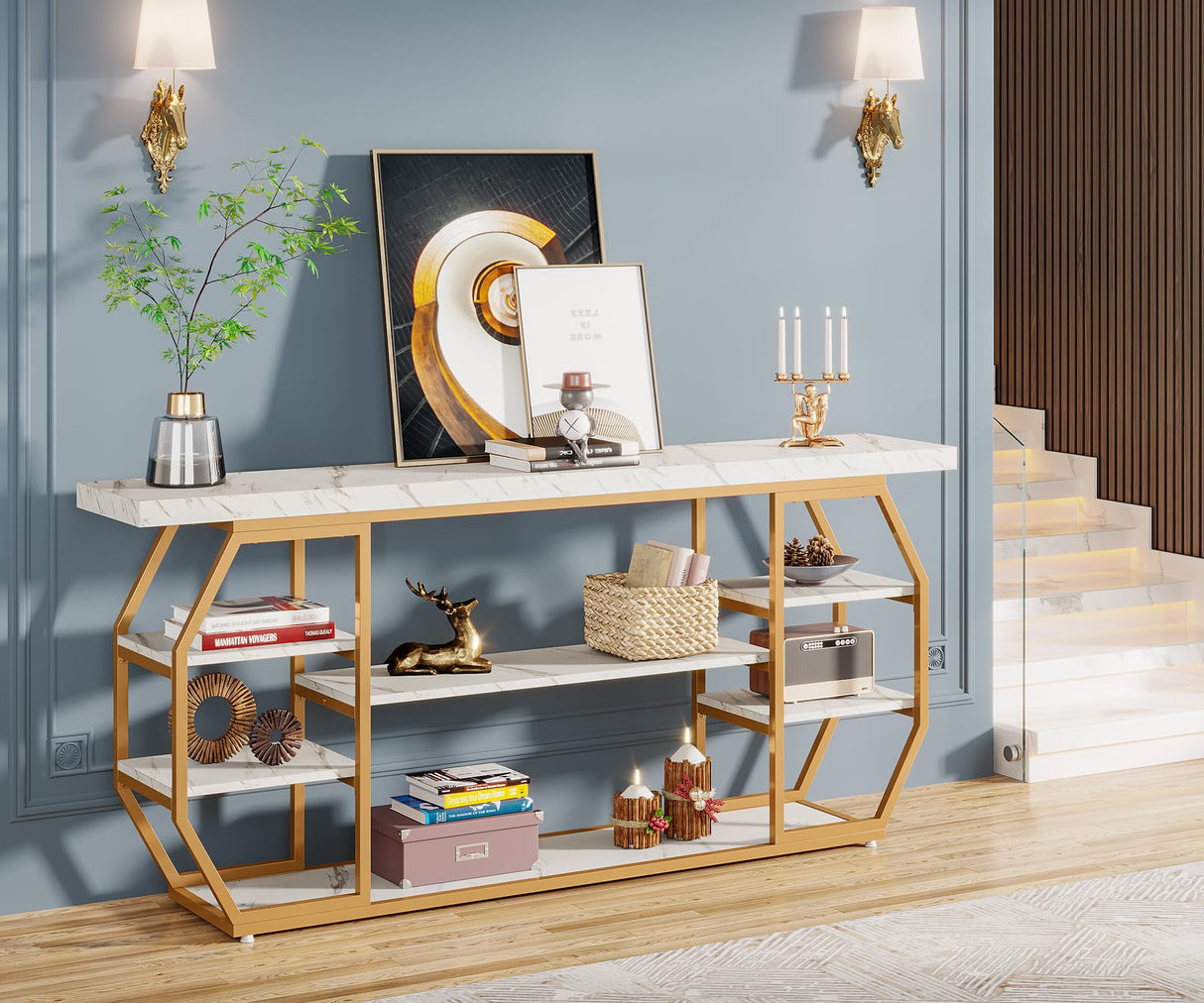 Extra Long Console Table, Modern Gold Entryway Table with 6 Storage Shelves,