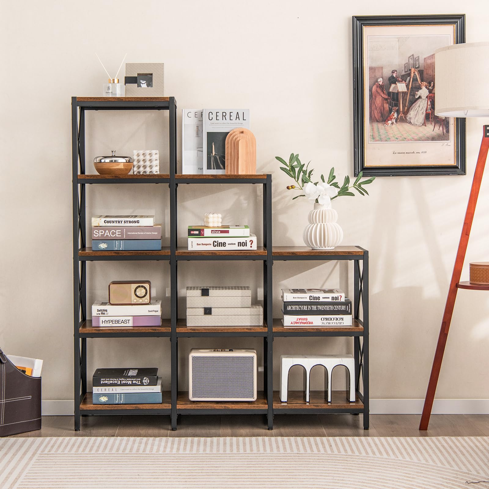 9 Cubes Bookshelf, 5-Tier Stepped Bookcase w/Carbon Steel Frame, Anti-Tipping Kits & Adjustable Foot Pads, 12 Shelves Storage Open Display Shelf for Home Office (9-Cube, Brown)