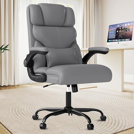 Executive Office Chair with Flip-Up Armrests - Ergonomic Mid-Back Leather Desk Chair