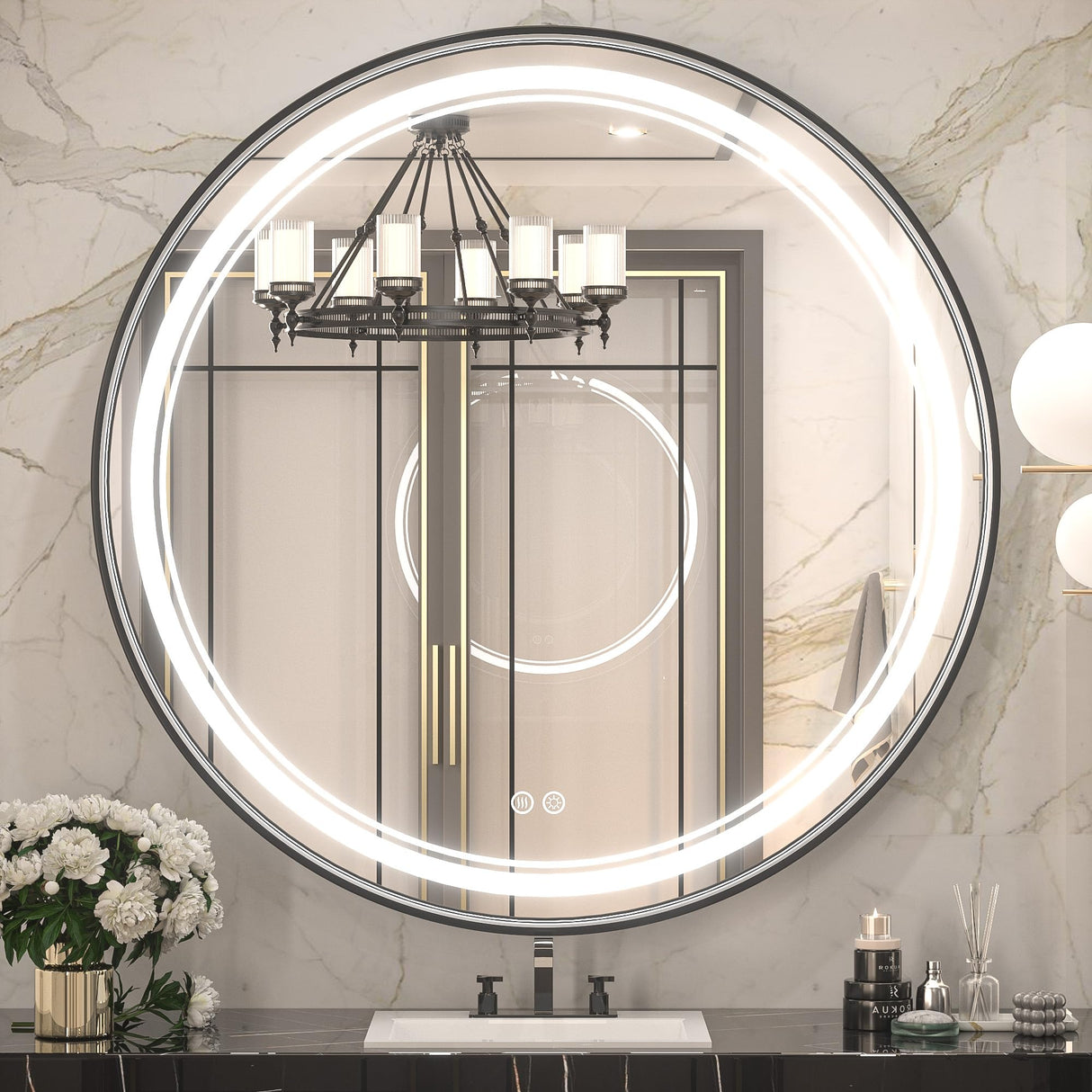 36 Inch LED Black Framed Round Mirror for Bathroom with Lights Wall Mounted Vanity