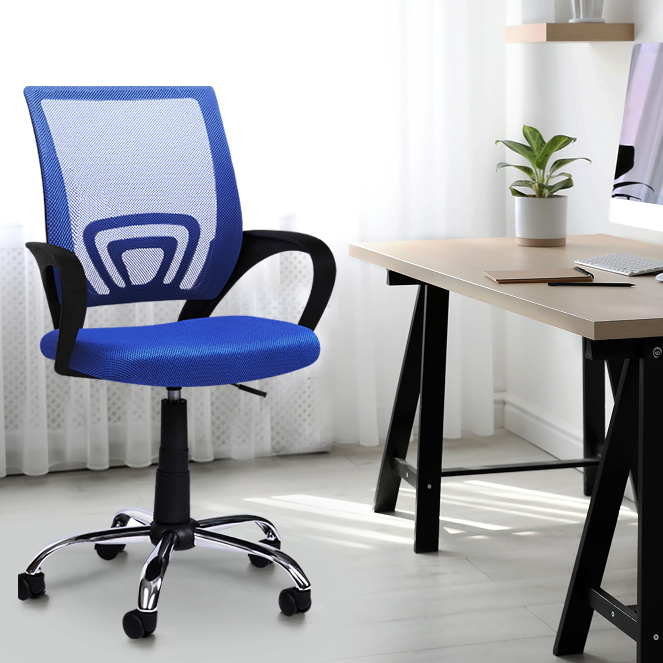 Office Desk Chair with Adjustable Lumbar Support – Comfortable Swivel Computer Chair, Rolling Task Chair for Home Office, White Executive Chair with Wheels - Blue