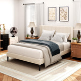 Queen Bed Frame with Headboard,Bed Frame Queen Size Vertical Channel Tufted Wingback No Box Spring Needed, Mattress Foundation, Easy Assembly, Beige