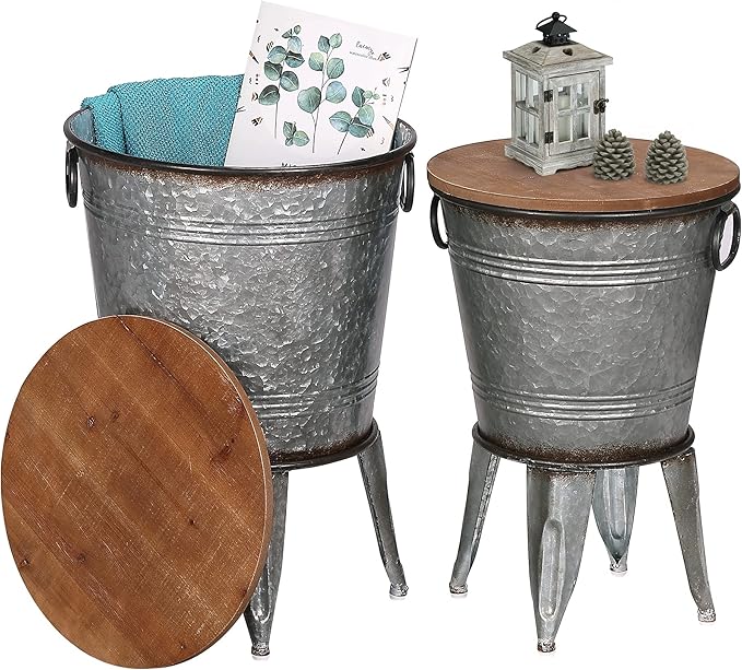 Farmhouse Accent Side Table, Rustic Antique Galvanized End Coffee or Cocktail Table
