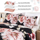 Black Floral Quilt Set Queen Size, 3 Pieces Pink Botanical Flower Printed