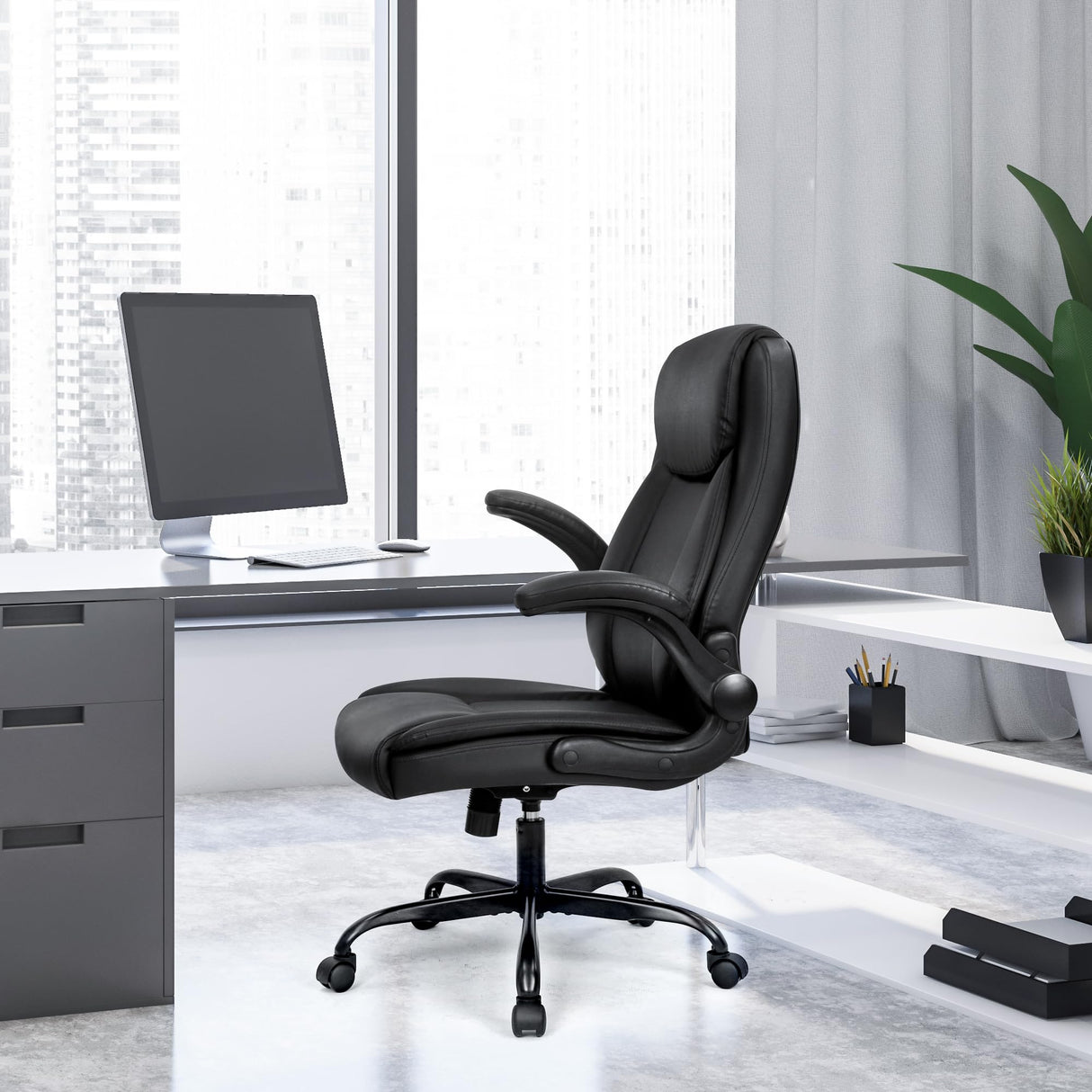 Office Chair PU Leather Executive Chair Padded Flip Up Armrest Computer Chair