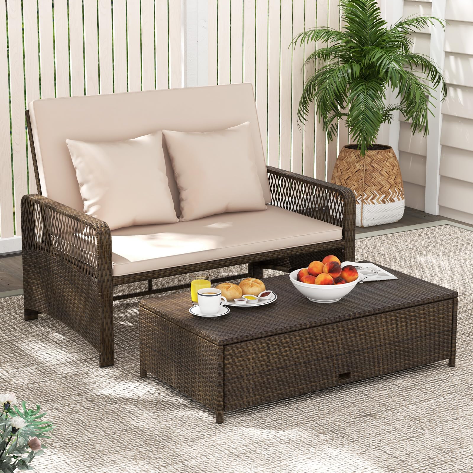 Patio Adjustable Wicker Daybed, Rattan Loveseat & Storage Ottoman w/ 4-Level Backrest