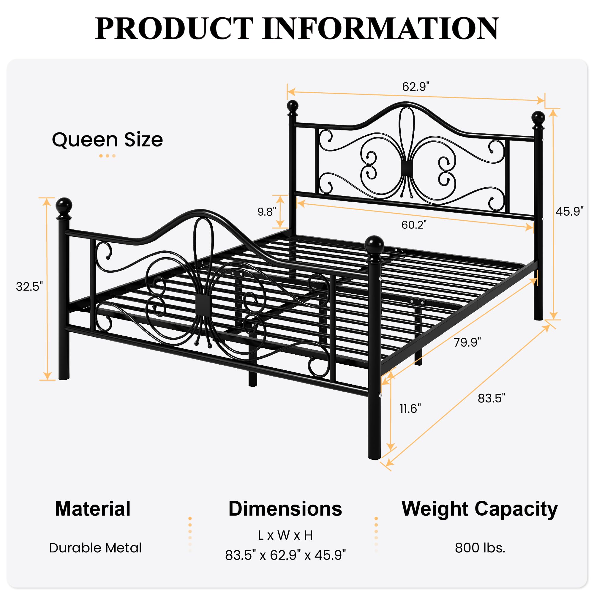 SHA CERLIN Queen Size Bed Frame and Headboard,Metal Bed Frame with Butterfly Pattern Design Headboard & Footboard,No Box Spring Needed,Easy Assembly,Black