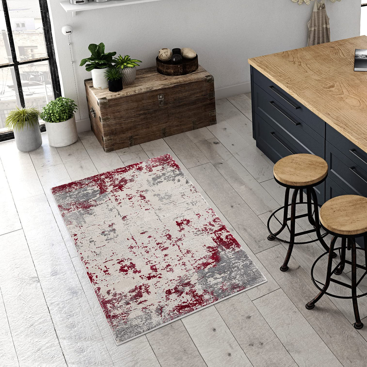 Vogue Contemporary Abstract Red Grey Indoor Doormat Rug for Living Room