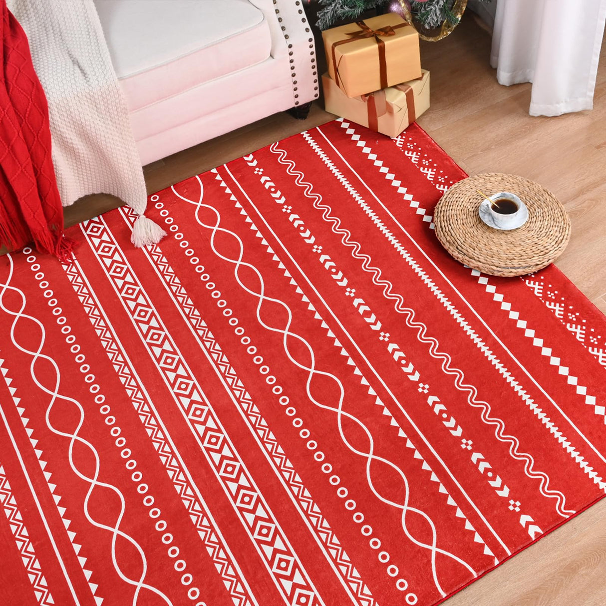 Softlife Christmas Red Rugs for Living Room 5x7 Area Rug Moroccan Neutral Carpet Non-Slip Printed Distressed Rugs Soft Bedroom Rug Throw Geometric for Kitchen Hallway Dining Room