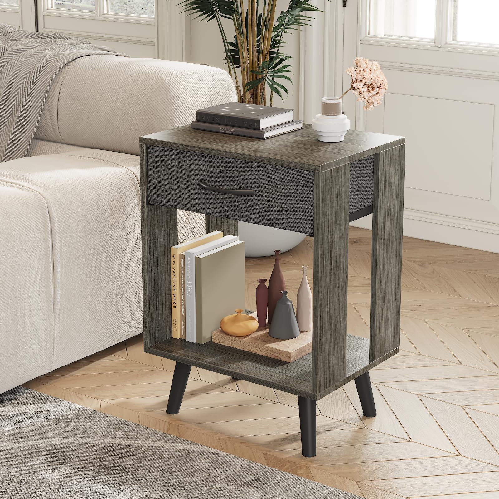 Nightstands Set of 2 with Black Fabric Storage Drawer