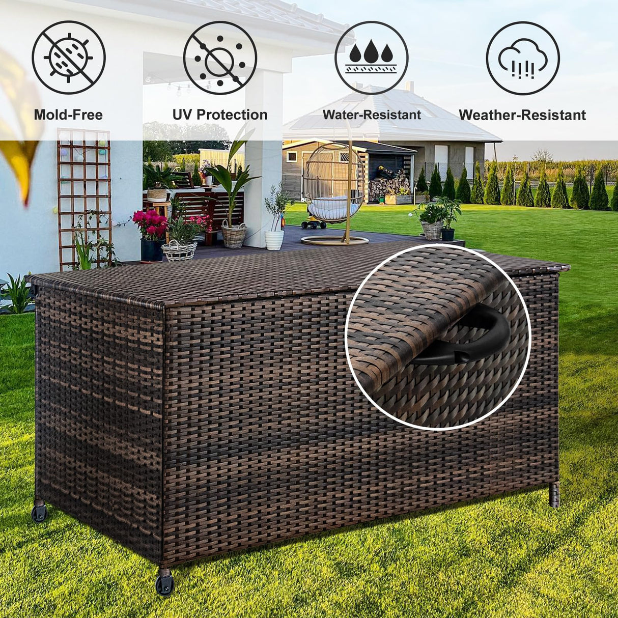 Outdoor Storage Box, 120 Gallon Waterproof Resin Wicker Deck Box for Patio Garden