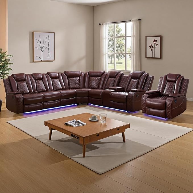 Power Recliner Sofa Sets for Living Room, Leather Recliner Sofa Set with LED Light