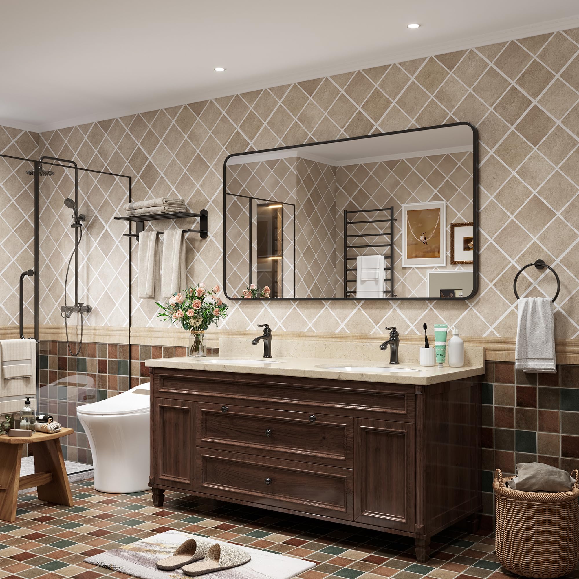 Black Framed Mirrors for Bathroom, Rounded Conner Rectangle Mirror