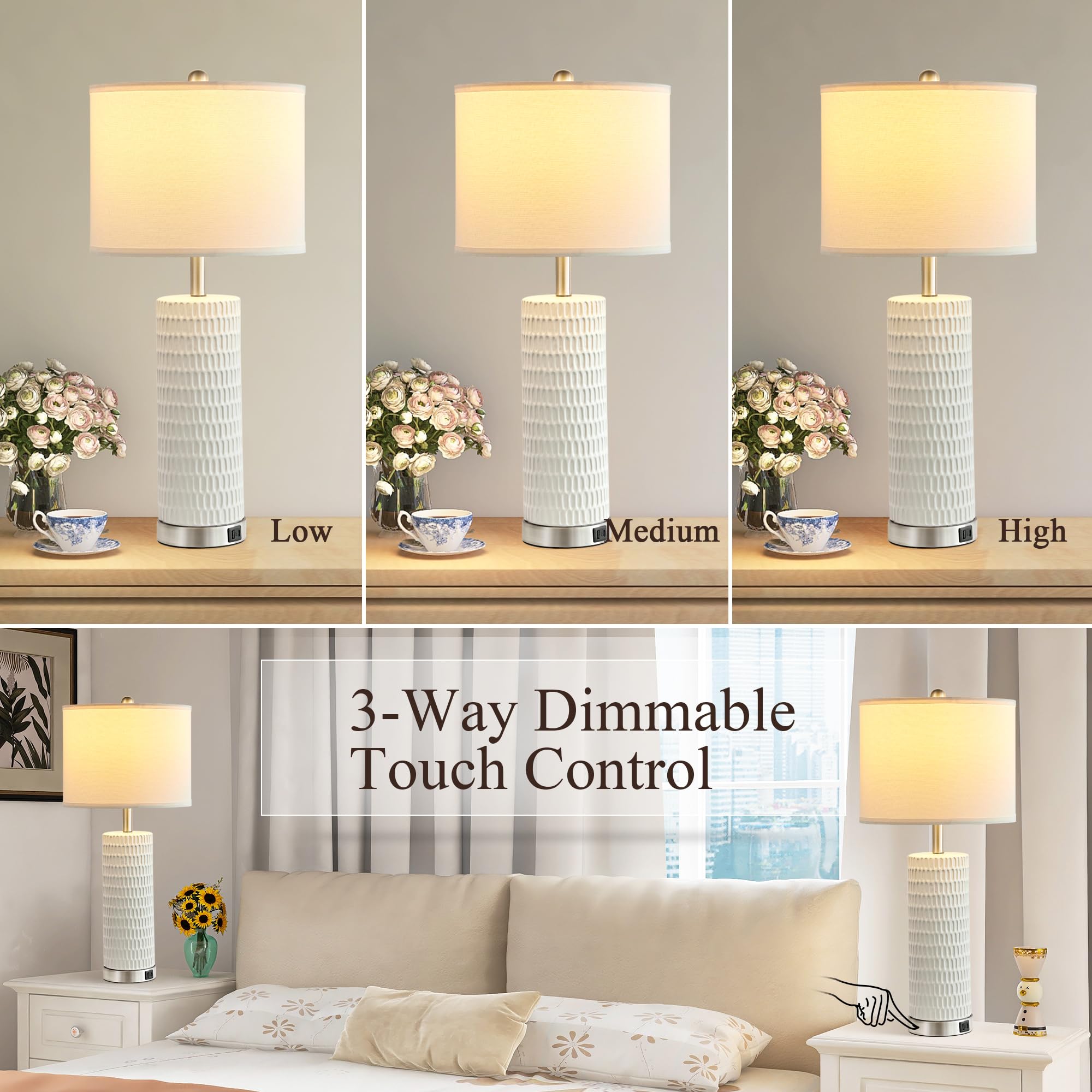 White Ceramic Table Lamps Set of 2 with USB Charging Ports