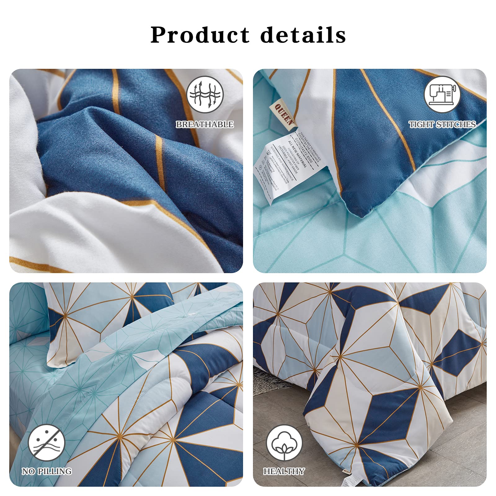 Flysheep Bed in a Bag 7 Pieces Queen Size, Navy Blue Triangles Geometric Pattern Printed Microfiber Comforter Sheet Set (1 Comforter, 1 Flat Sheet, 1 Fitted Sheet, 2 Pillow Shams, 2 Pillowcases)