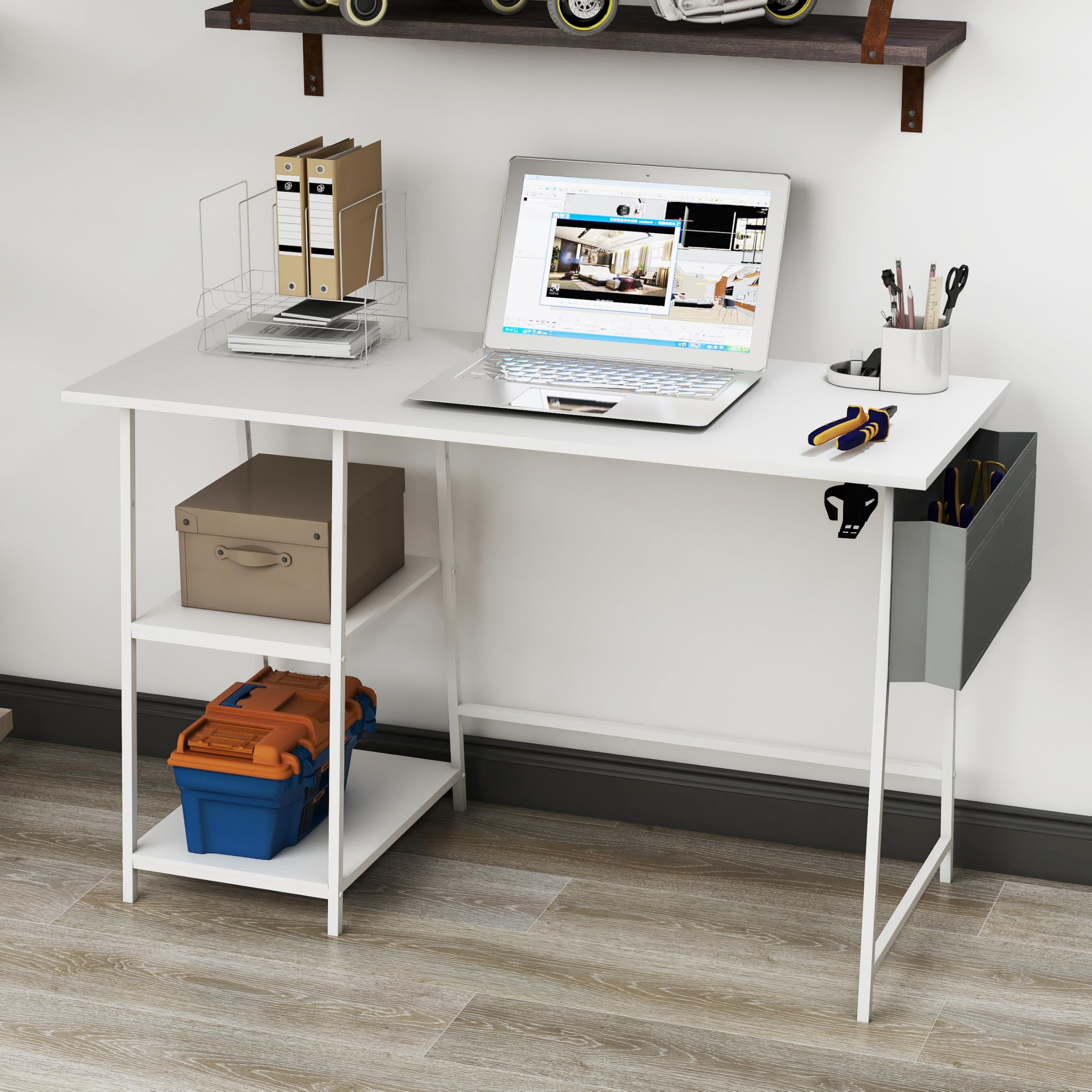 Home Office Desk, 45 inch White Computer Desk, Bureau de Travail, Study Gaming Desk