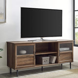 Modern Farmhouse Wood and Glass TV Stand with 2 Cabinet Doors for TV