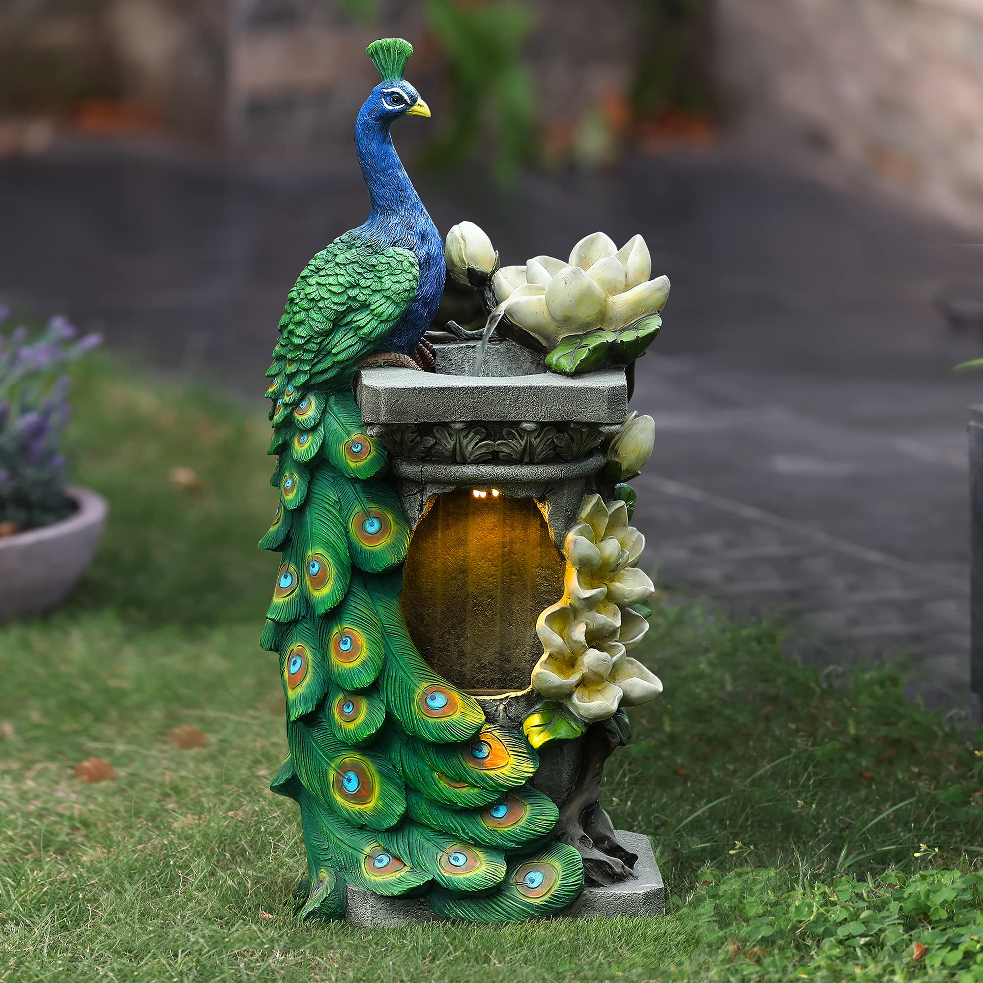 32 Inch Outdoor Water Fountain, Peacock and Flower Resin Water Fountains Outdoor