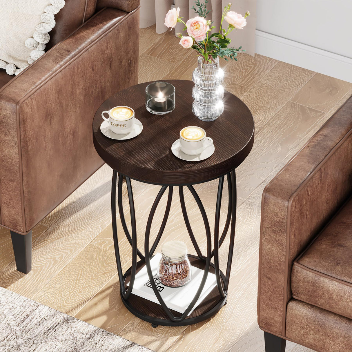 Round Side Table, Small End Table with Storage Shelf