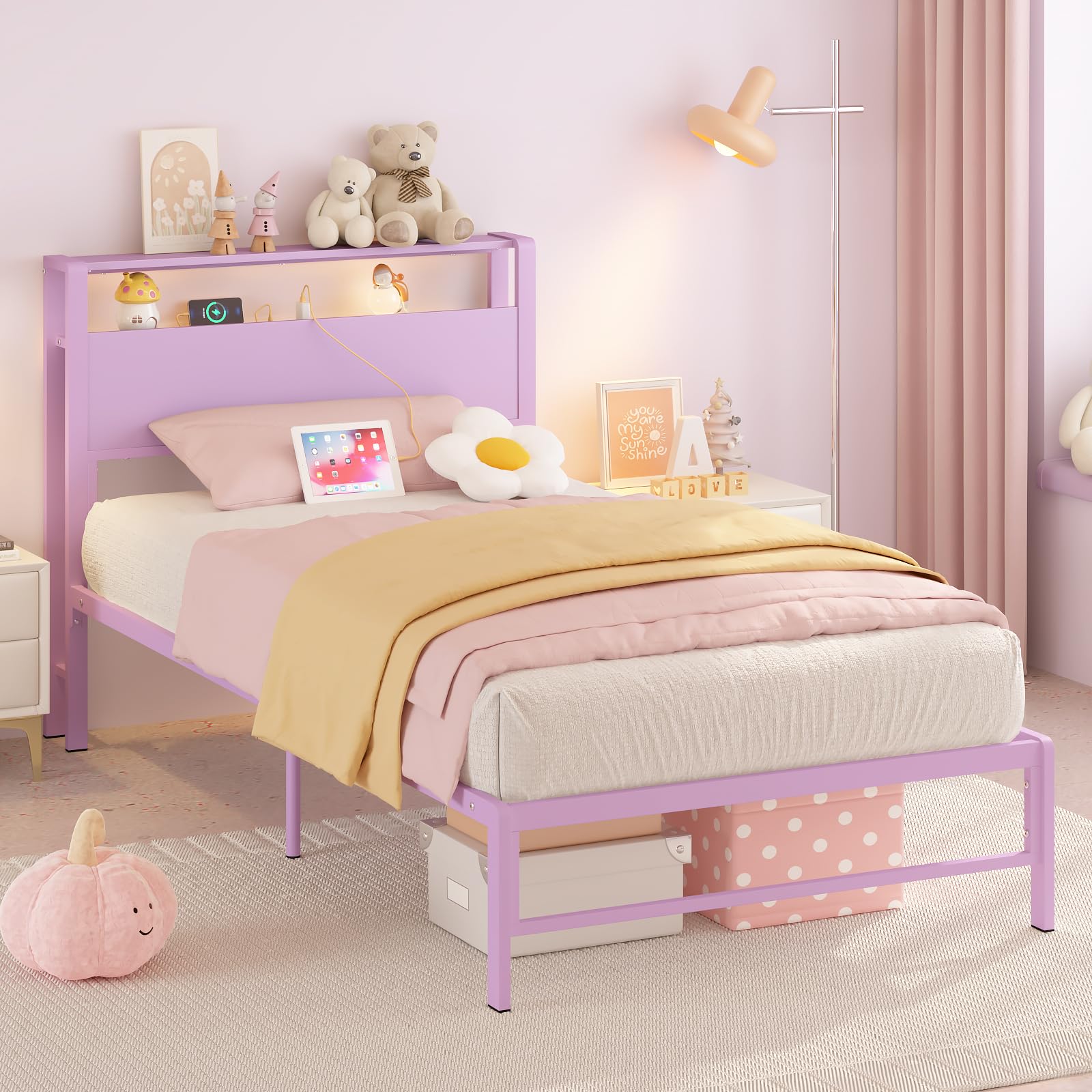 Twin Bed Frame with Charging Station & Storage Headboard - Purple