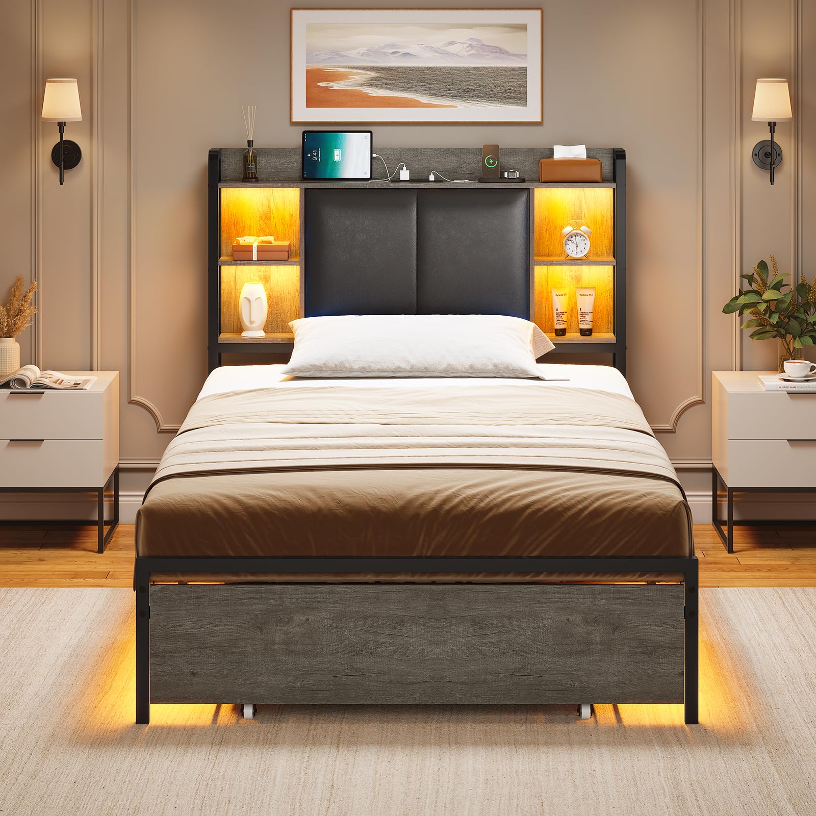 Twin Bed Frames with Storage Drawers and Headboard