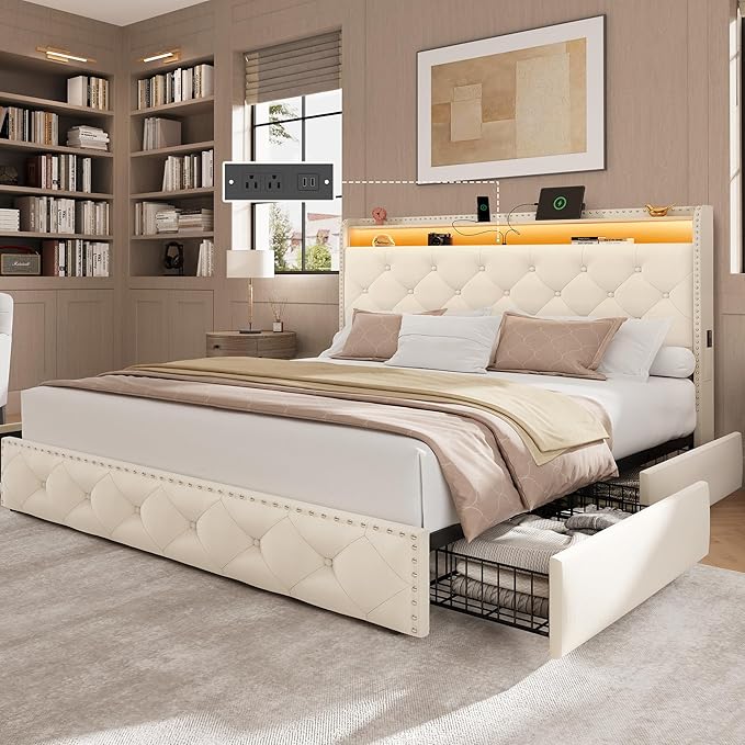 King Size Bed Frame with LED Lights & USB Charging Station