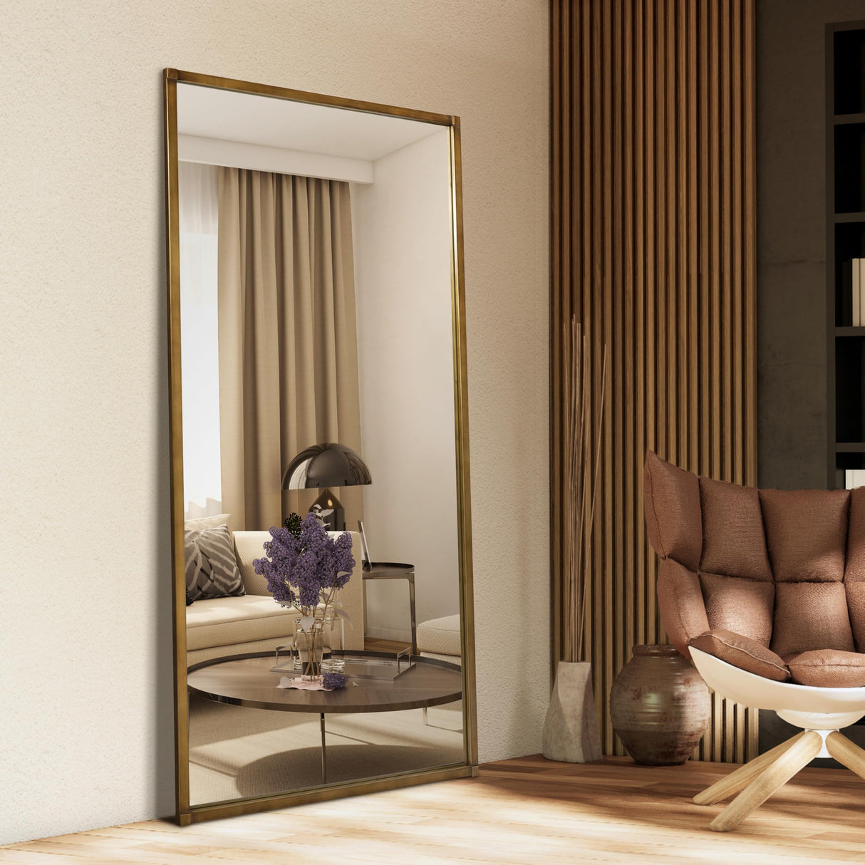 Brushed Gold Metal Framed Rectangular Wall Mirror, Ready to Hang, Living Room