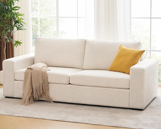 85" Modern Sofa Couches for Living Room, 3 Seater Sofa, Natural Linen Deep Seat Sofa with Upholstered Cushion&Detachable Cover, Comfy Sofa Couch for Small Space, Apartment, Cream