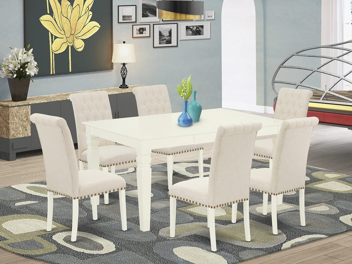 East West Furniture WEBR7-WHI-02 7 Piece Kitchen Set Consist of a Rectangle Dining Table with Butterfly Leaf and 6 Light Beige Fabric Parson Chairs, 42x60 Inch, Linen White