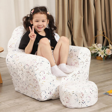 Kids Sofa with Ottoman, Shell-Like Sofa for Boys and Girls, White with Shinny