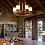Farmhouse Wood Wagon Wheel Chandelier,6-Light Rustic Pendant Light with Glass Shades