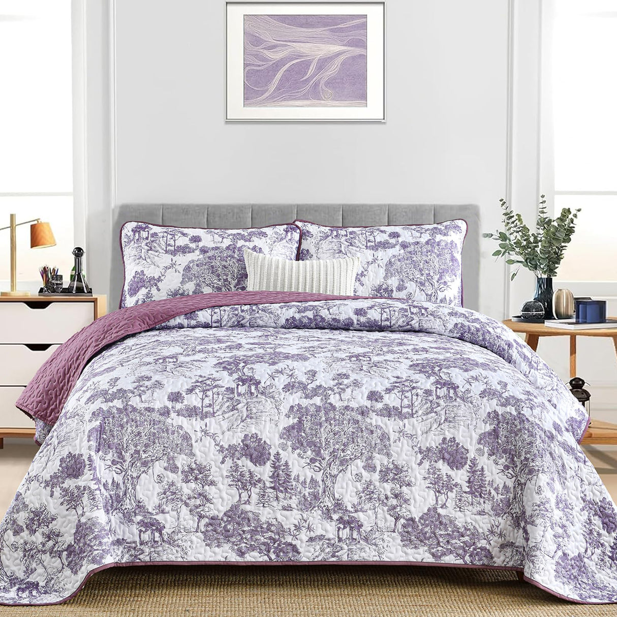 Botanical Quilt Set Queen Size, Purple 3 Pieces Floral Plants Printed