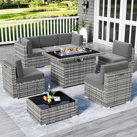 8 Pieces Outdoor Patio Furniture Set with 44" Fire Pit Table Brown Rattan