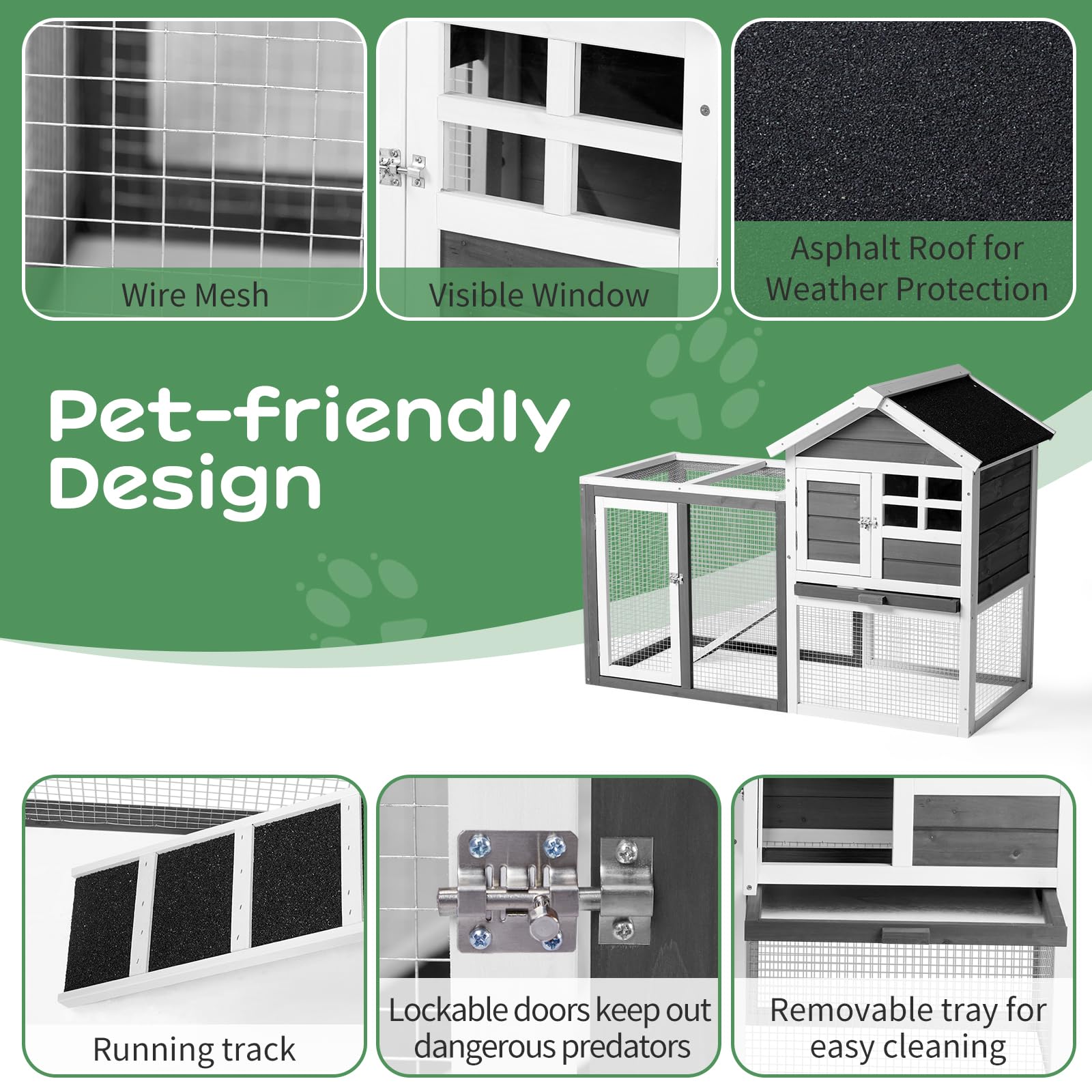 Rabbit Hutch, Small Wood Chicken Coop, 48" Guinea Pig Cage w/Pull-Out Tray