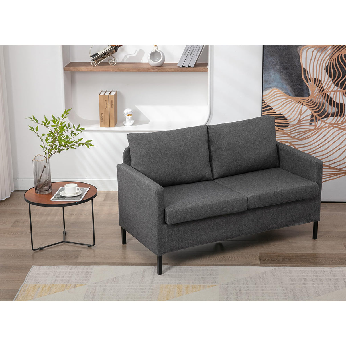 Linen Fabric Modern Small Loveseat Sofa Couch for Living Room, 51" W Little Upholstered 2-Seater Mini Love Seats