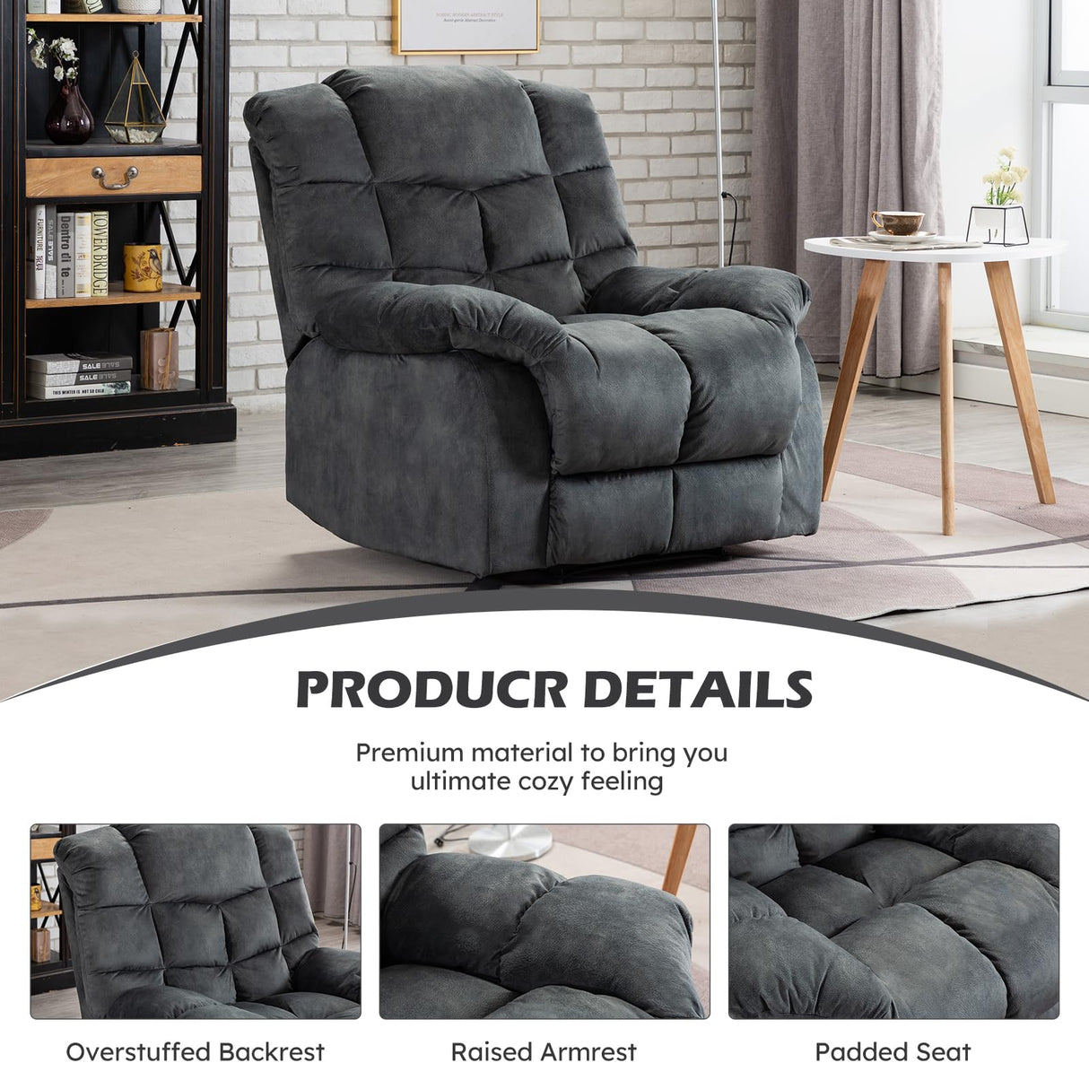 Single Recliner Chairs for Living Room Overstuffed Breathable Fabric Reclining Chair