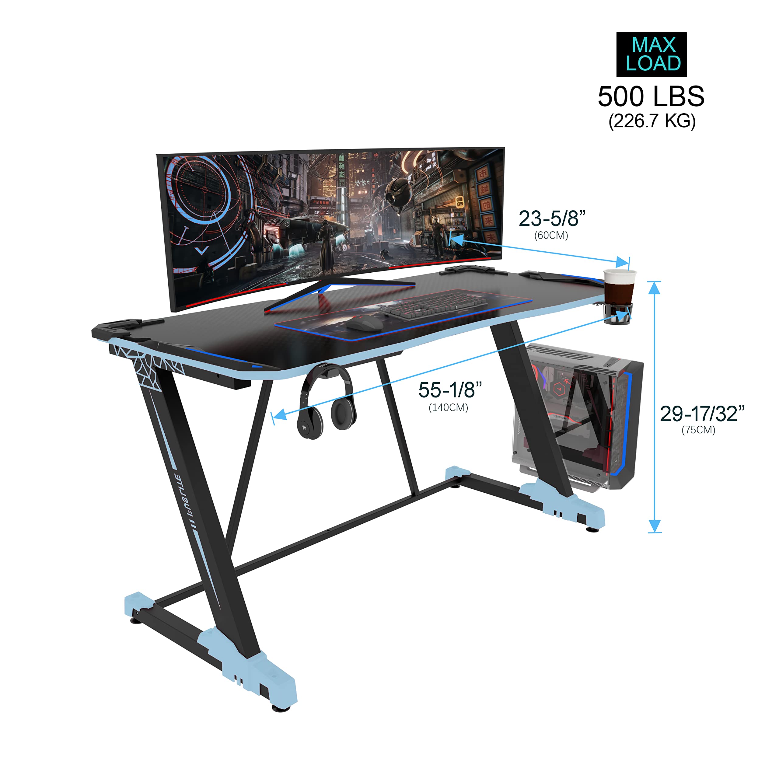 55 Inch Gaming Desk, PC Computer Desks, Gamer Tables, with LED Lights, Cup Holder