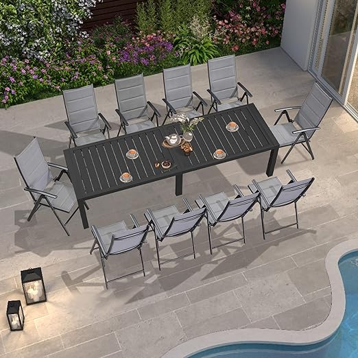 Outdoor Patio Dining Set with 8 Folding Portable Chairs and 1 Rectangle