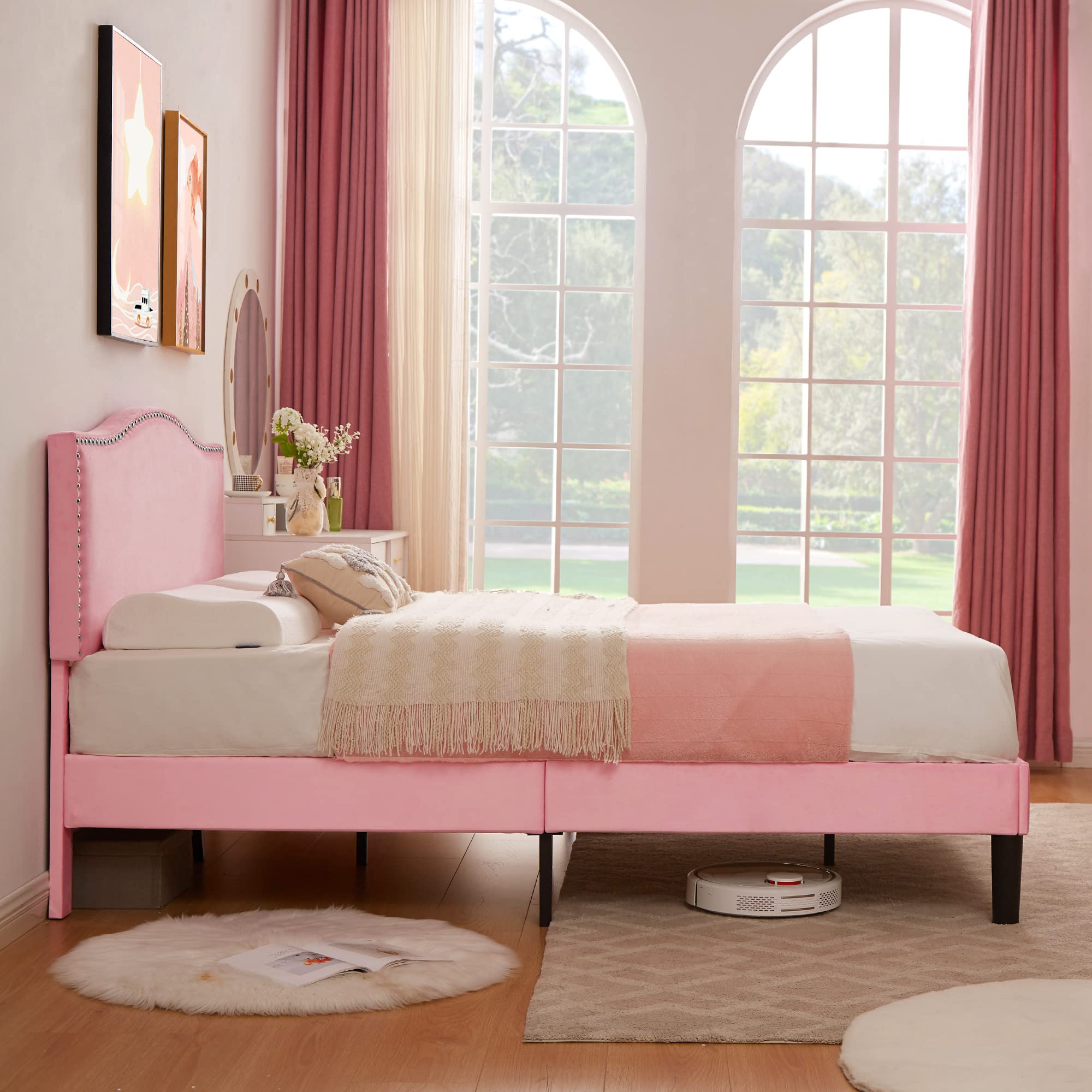 VECELO Queen Bed Frame Platform Bed Frame with Upholstered Headboard, Strong Frame and Wooden Slats Support, Strong Weight Capacity, Non-Slip and Noise-Free, Easy Assembly,Pink
