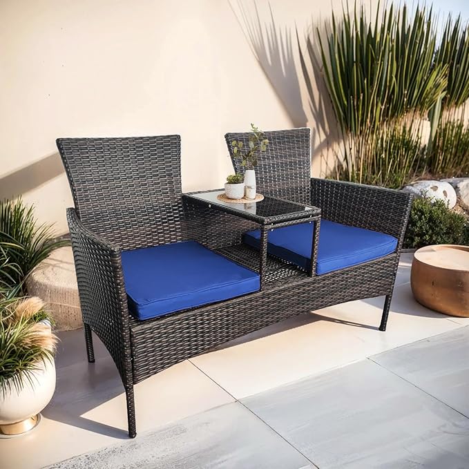 Outdoor Rattan Patio Loveseat,Wicker 2-Seat Outdoor Loveseat With Cushions