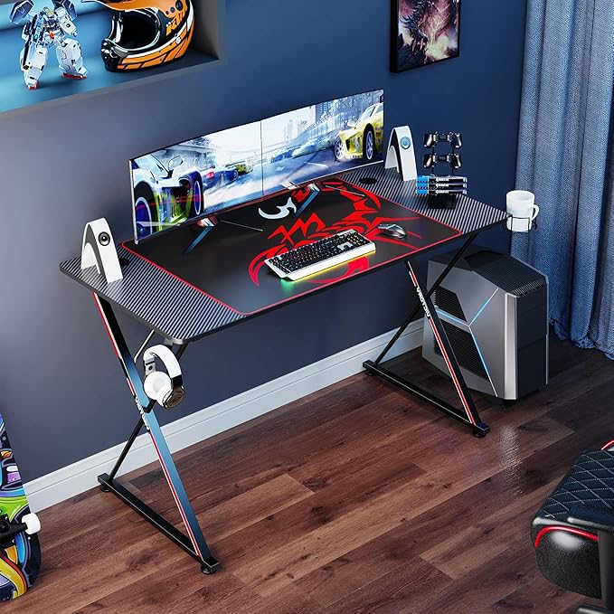 Gaming Desk, 47 inch Gamer Workstation, Carbon Fiber Surface Gaming Computer Desk