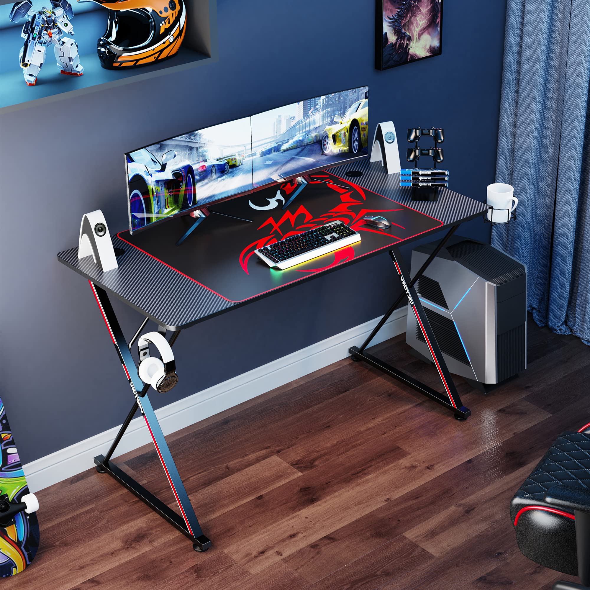 Gaming Desk, 47 inch Gamer Workstation, Carbon Fiber Surface Gaming Computer Desk