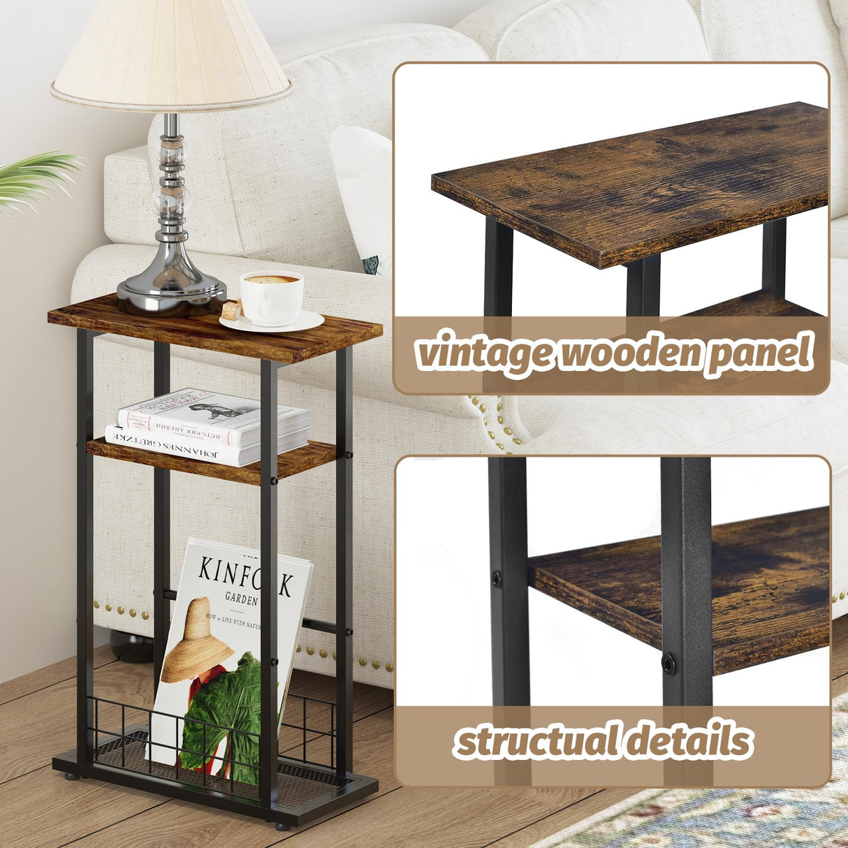 Small Narrow Side Table, Skinny End Table for Small Spaces, Narrow End Table