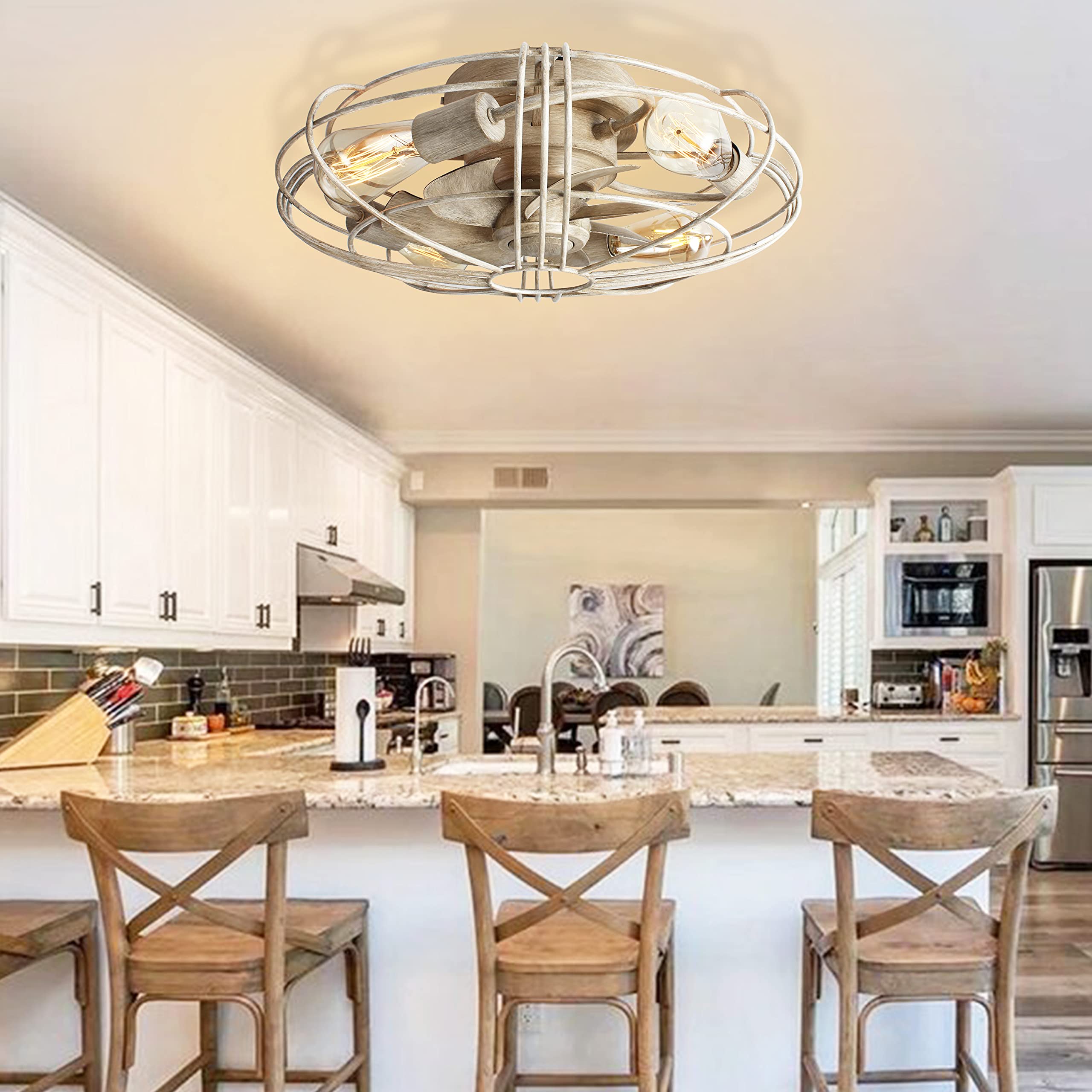 Caged Farmhouse Bladeless Ceiling Fan with Light and Remote