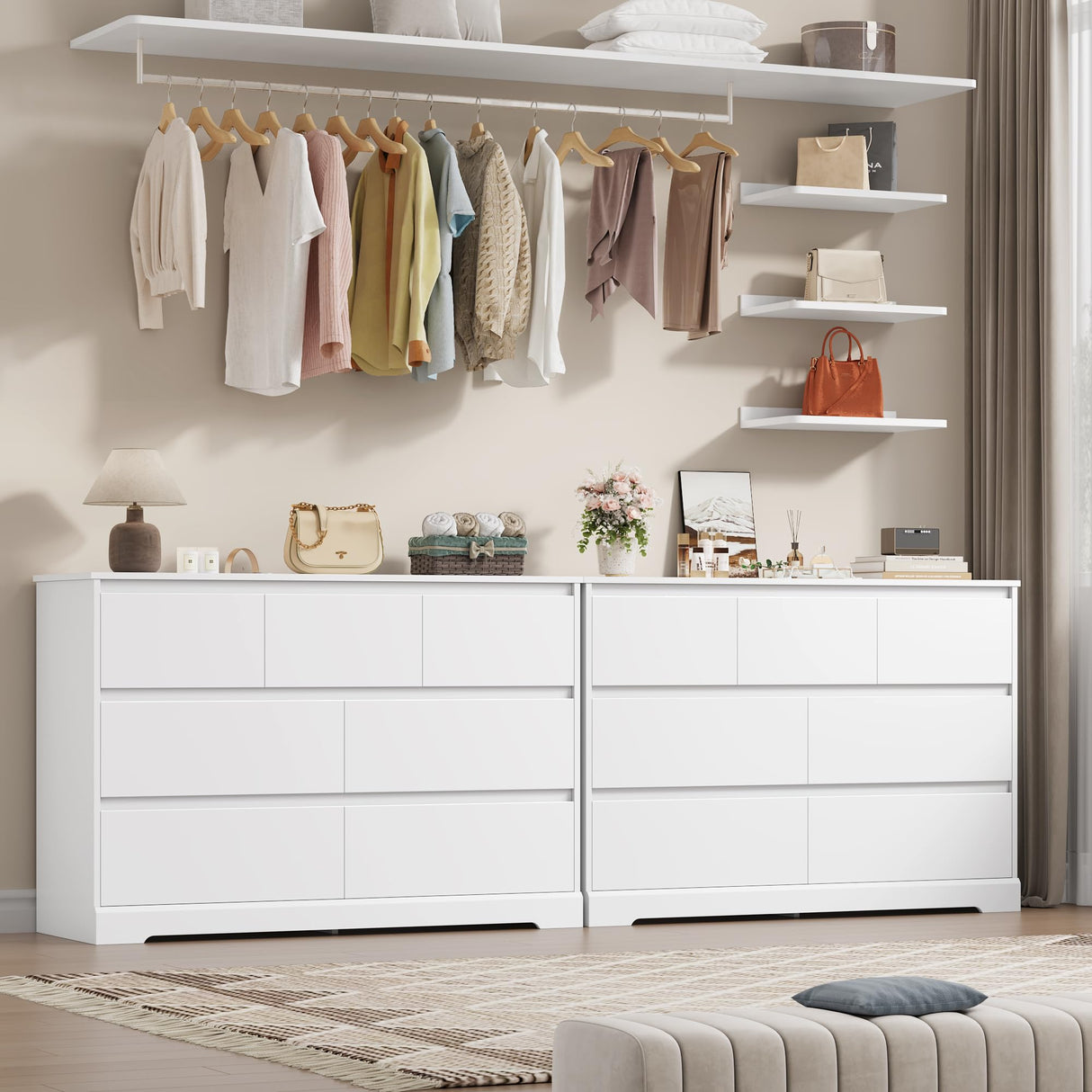 Modern White Dresser, Tall Chest of Drawers with Storage, 7 Drawer Double Dresser