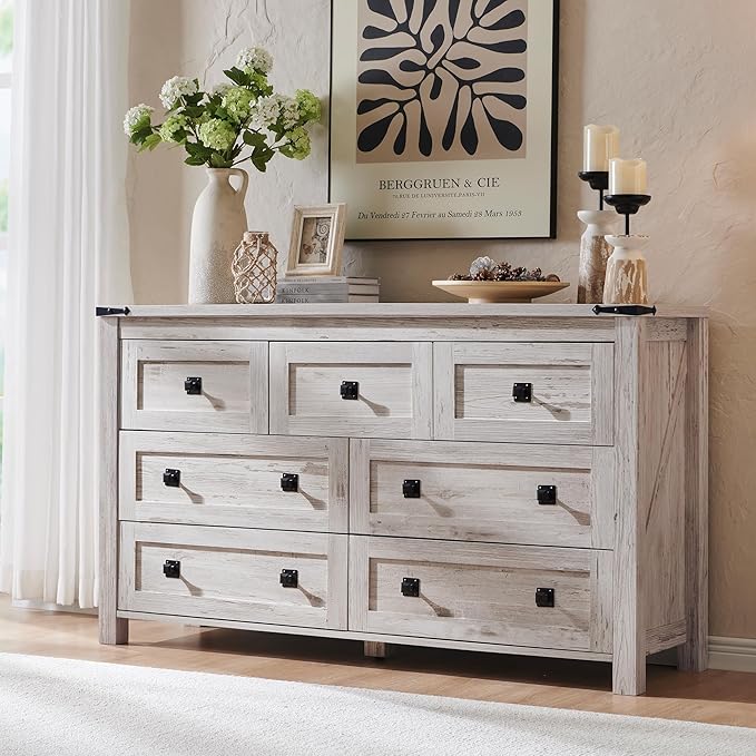 6 Drawer Dresser for Bedroom, 54 Inch Wide Rustic Wood Dresser